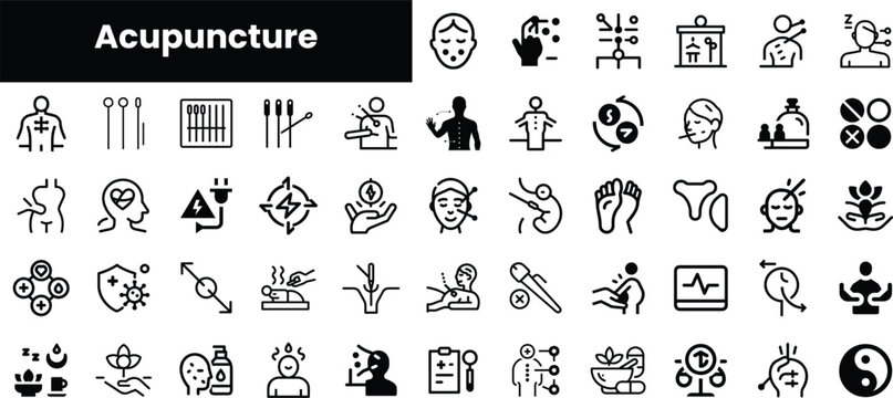 A diverse collection of acupuncture-related icons, featuring treatment methods, acupuncture points, and wellness symbols in a minimalist black and white design.
