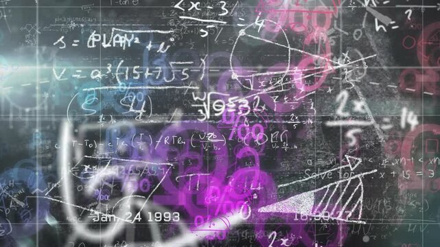 Math notations drifting in on playback start, rotating, growing then fading, showing time flow