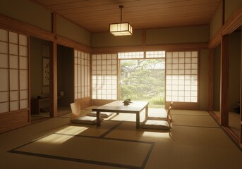A serene traditional Japanese room with tatami mats, low table and sliding shoji doors opening to a lush garden. The interior exudes calmness balance and simplicity, representing Japanese architecture