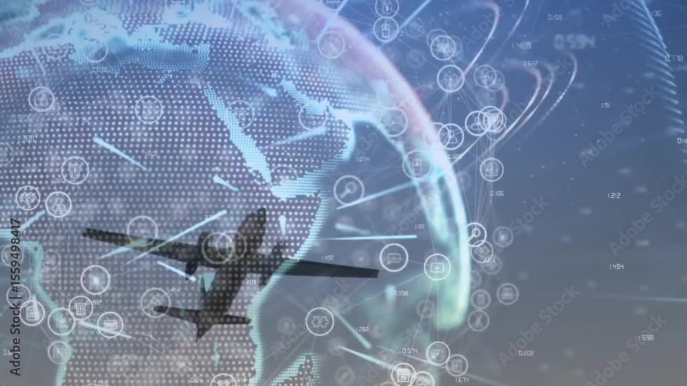 Poster africa dotted-globe activating while twin-engine plane approaching viewer, visualizing data network