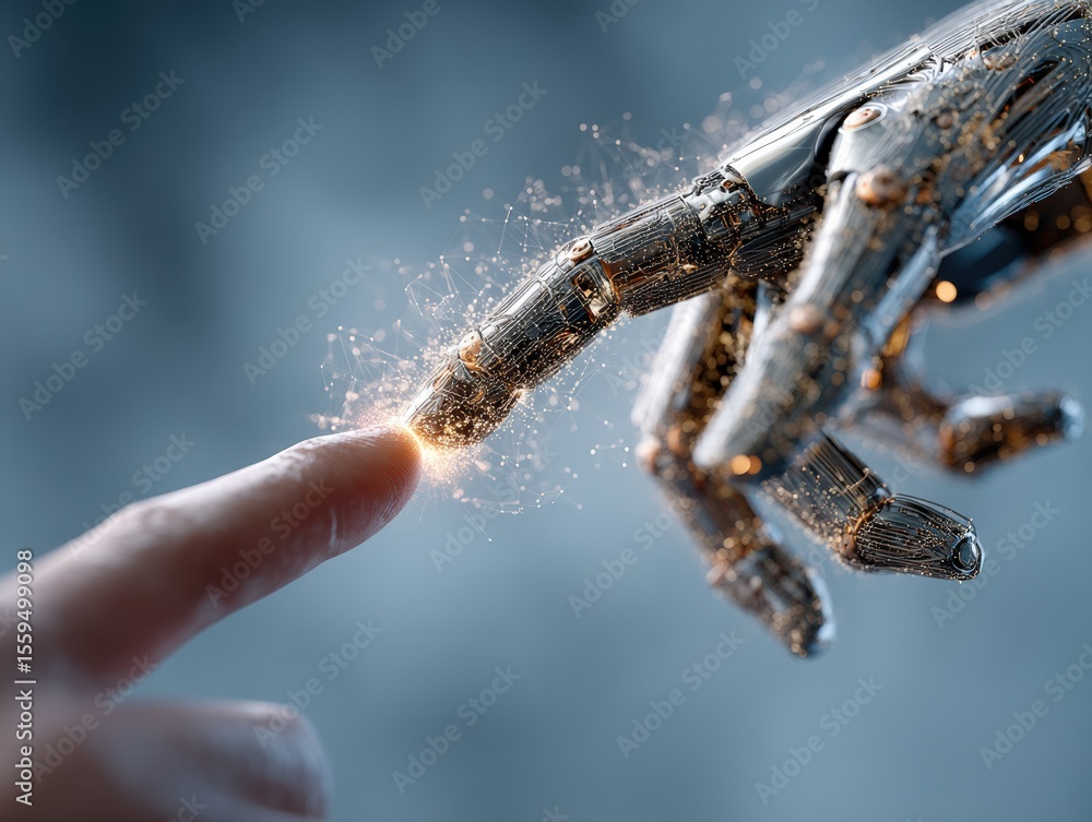 Aufkleber Chrome robot finger gently touching warm human fingertip, creating a pulsating digital brain made of neon lines and particles