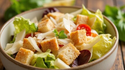 Close-up of a Caesar salad in a bowl.