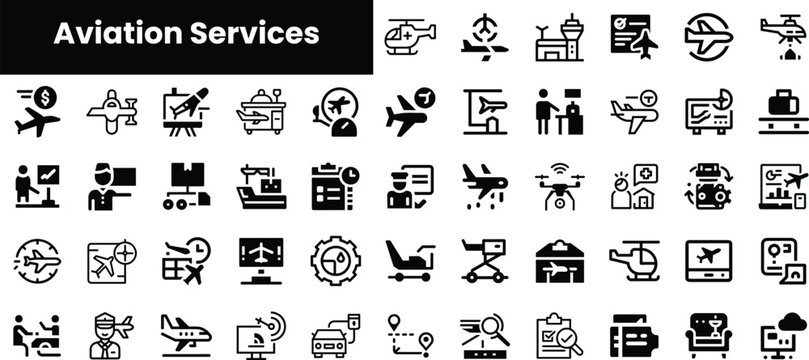 A diverse collection of aviation service icons, showcasing various aspects of air travel, including aircraft, maintenance, and passenger services.