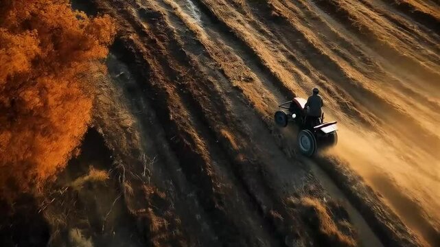 The tractor plowed the rice field steadily, turning the wet soil under the hot morning sun.
