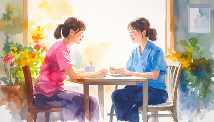 女性と女性介護士が打ち合わせをしている水彩風イラスト