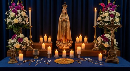 Our lady of fatima statue catholic faith candles flowers rosary faith religion spirituality belief altar