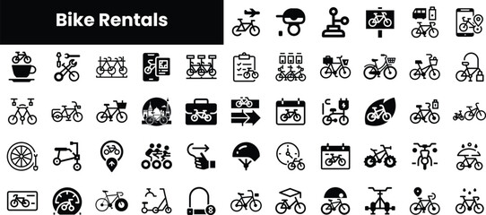 A diverse collection of bike rental icons featuring bicycles, helmets, and rental schemes, perfect for showcasing cycling services in a modern and minimalist style.