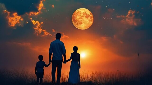 The silhouette of a family holding hands watched the sunset, bathed in warm golden light.
