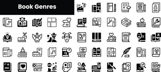 A diverse collection of black and white icons representing various book genres, showcasing creativity and knowledge in an engaging format.