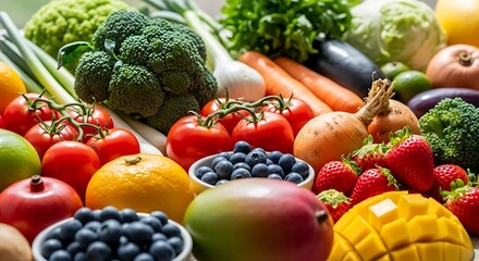 Fresh produce presents a vibrant display of healthy vegetables and fruits, ideal for promoting wellness and nutritious eating.