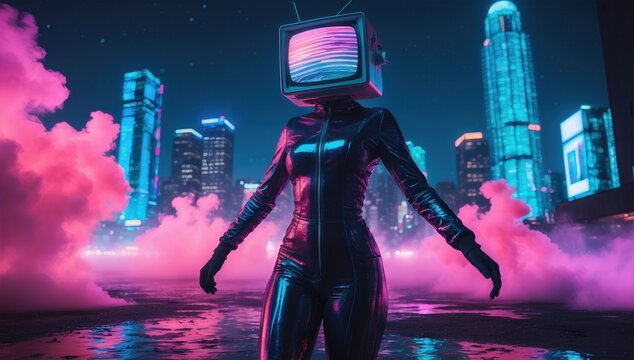 Cyberpunk TV Head Figure in Futuristic Cityscape with Neon Lights and Retro Television - Powered by Adobe
