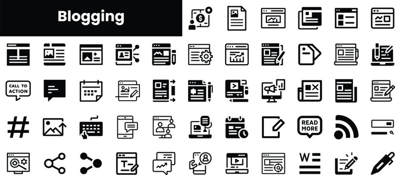 A collection of black and white icons representing various aspects of blogging, including content creation, engagement tools, and analytics.