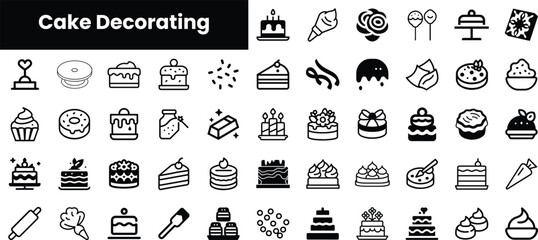 A collection of black and white icons illustrating various cake decorating elements, including cakes, frosting, and tools, perfect for baking enthusiasts.