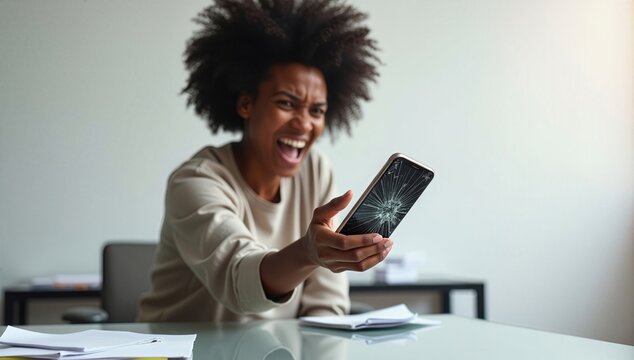 An angry African American woman looks at her broken smartphone with a cracked screen with frustration. She is holding it in her hand at the desk in the office. Business or technology concept