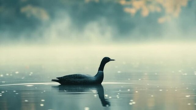 A duck calmly floated on the peaceful lake, surrounded by trees and soft morning light.
