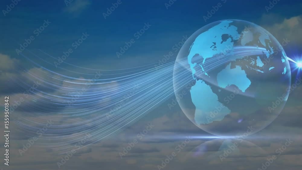 Poster spark emerging at left edge hitting 3d globe and sending glowing trails illustrating connectivity