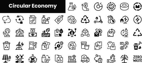 A diverse set of black and white icons representing the concept of the circular economy, showcasing sustainability, recycling, and zero waste practices.