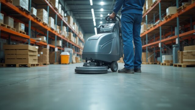 Warehouse floor being cleaned by a floor scrubber.