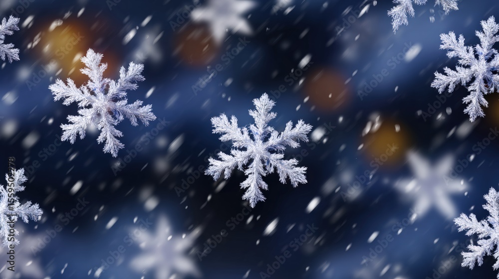 Canvas Prints close-up of intricate snowflakes falling against a dark blue blurred background, creating a serene w