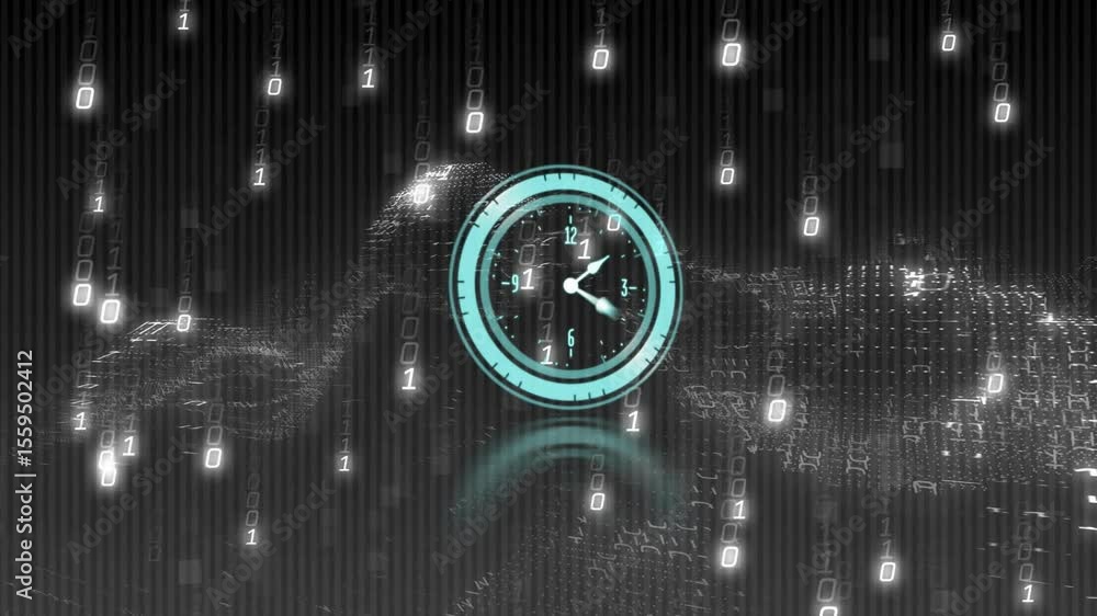 Poster spinning turquoise gauge starting binary rain then morphing into analog clock marking time progress