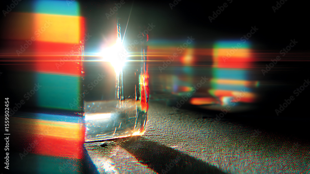 Poster refraction of light through glass prism creating rainbow colors and optical effects for abstract bac