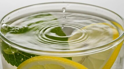 Refreshing Lemon and Mint Infused Water with Droplet Impact and Ripple Effects - Powered by Adobe