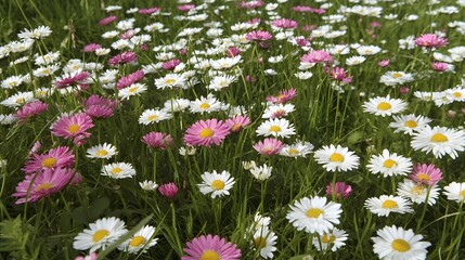 Vibrant Pink and White Daisy Meadow Field Flowers