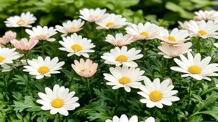 Closeup Blooming White and Pink Daisies Garden