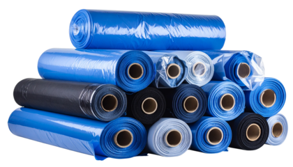 A Stacked rolls of material blue colour , some are light and some are dark, all wrapped in clear plastic sheeting isolated on transparent background