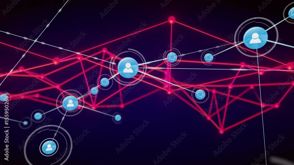 Poster pulsing magenta mesh initiating user icon converting into node linking devices expanding network