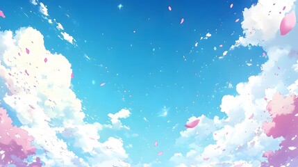 Dreamy Pink Petals Falling on Blue Sky with Fluffy Clouds