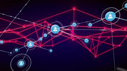 Pulsing magenta mesh initiating user icon converting into node linking devices expanding network