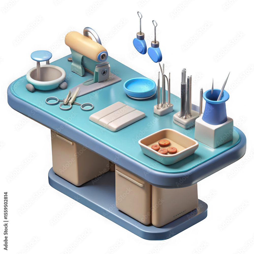Poster surgical table with instruments isolated on transparent background
