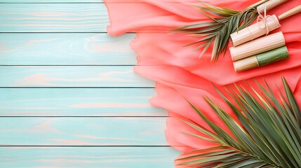 Summer Coral Fabric Tropical Palm Leaves Wooden Bottles Flatlay