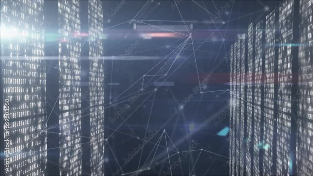 Poster Scrolling numeric panels initiating network forming, lines branching into 3D mesh showing data flow