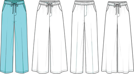 Women's wide leg pants front and back flat sketch, fashion technical drawing, casual trousers design, cad illustration, vector style