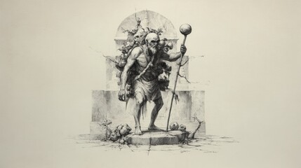 Intricate black and white illustration of a mystical, bearded character holding a staff, surrounded by skulls and bones, set against a textured background.
