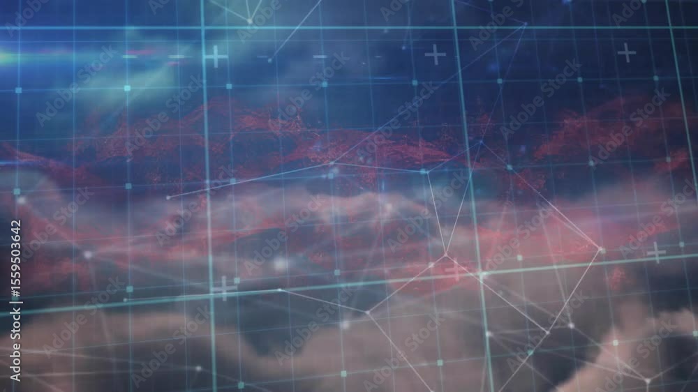 Poster drifting red cloudscape initiating grid and network nodes pulsing reshaping mesh visualizing data