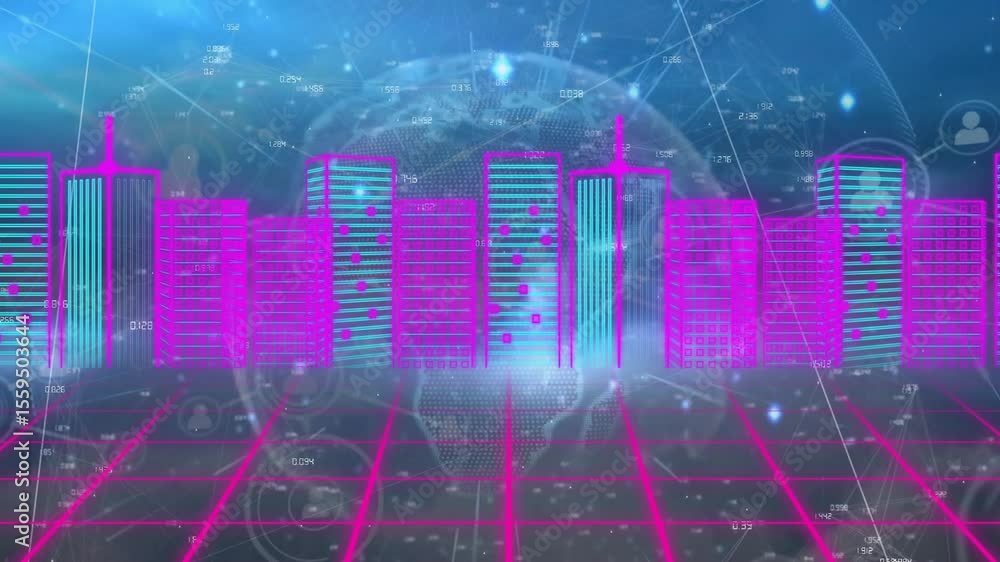Poster grid extending triggers neon skyline rising, globe emerging data overlays showing network metrics