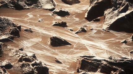 Martian landscape featuring intricate crystalline web structures catching the low sun like shimmering diamond networks, creating a futuristic and surreal vision of an alien world,science fiction idea