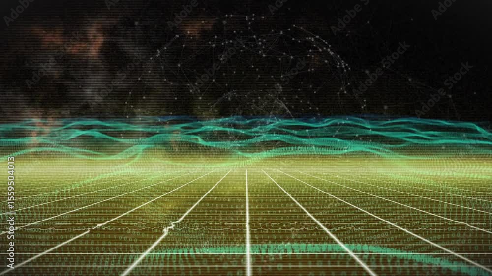 Poster on start grid waving turquoise wave and pulsing nodes visualizing data over star-field background