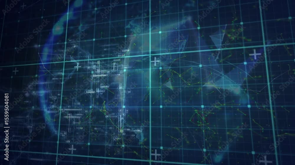 Poster on node linking by drifting polygons, wireframe globe forming, rotating over grid showing network