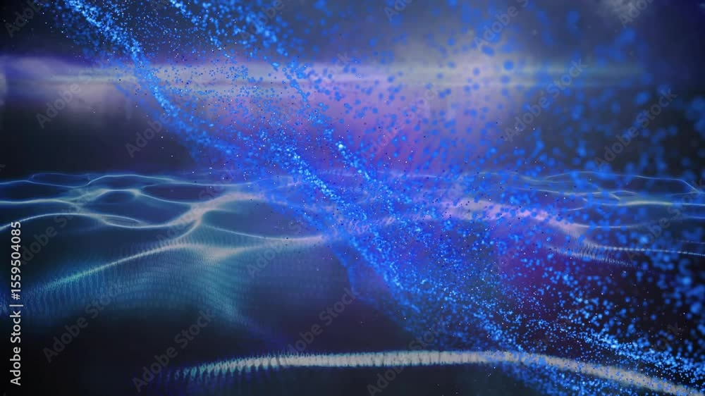 Poster blue particle ribbon emerging from right side flowing diagonally across wave grid showing data flow