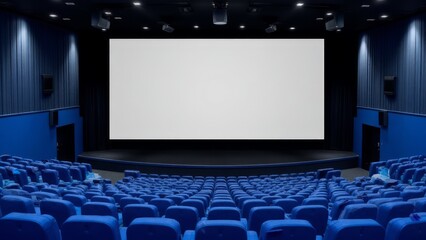Empty  theater with blue seats and a large screen.