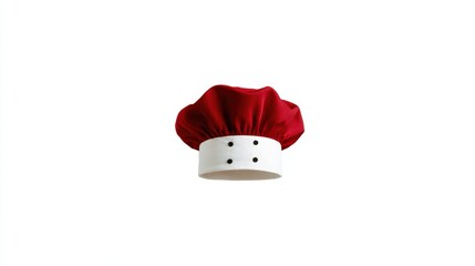 Red chef hat with white band and black buttons isolated on white background.