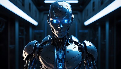 Realistic AI head with glowing eyes connected to data wires