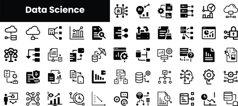 A diverse array of black and white icons representing data science concepts and tools, including graphs, algorithms, and data processing elements.