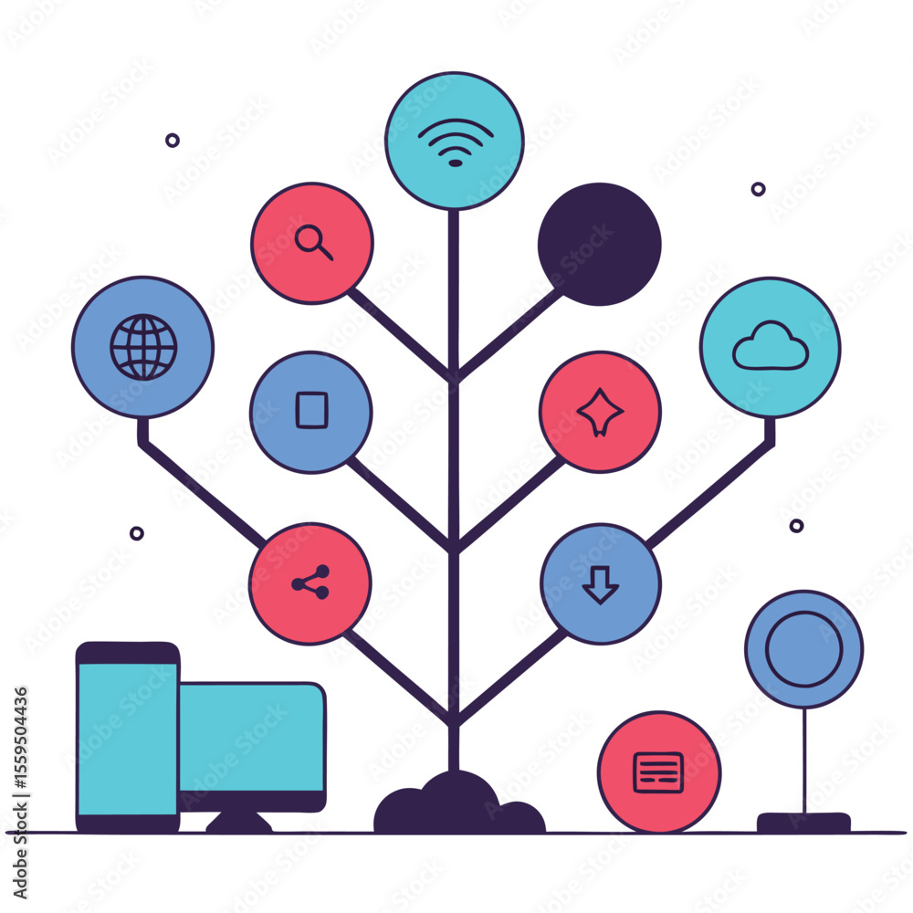 Poster digital technology network connecting various online services and devices in a conceptual diagram