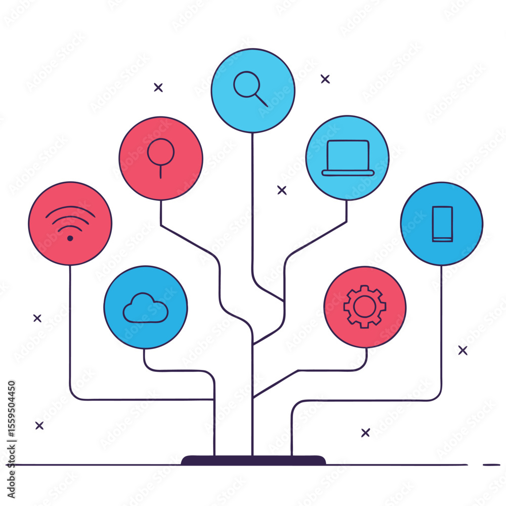 Aufkleber digital technology network connecting various online services and devices in a conceptual diagram