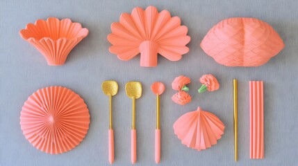 Coral Pink Origami Decor Set, Geometric & Floral Design Elements